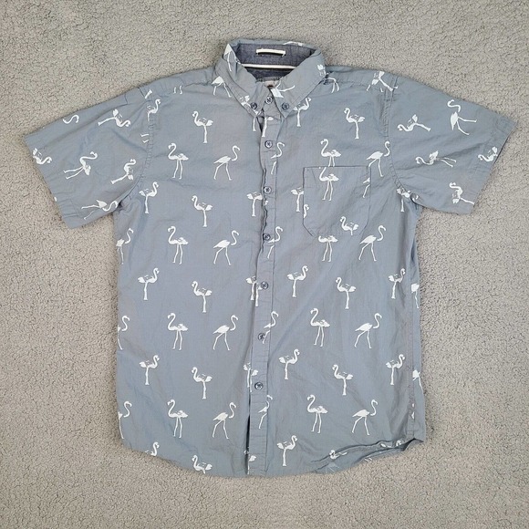 Ditch Plains By Ricky Singh Shirt Men’s Medium Gray Flamingos Button Down - Picture 1 of 12